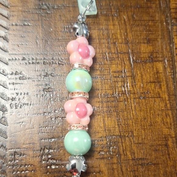 Pink and Green Beaded Straw Charm with Butterfly Charm - Picture 3 of 6